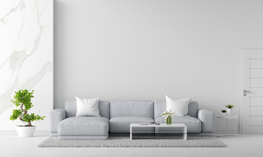 Gray sofa in a white living room. There is space for text. This is a 3D rendering