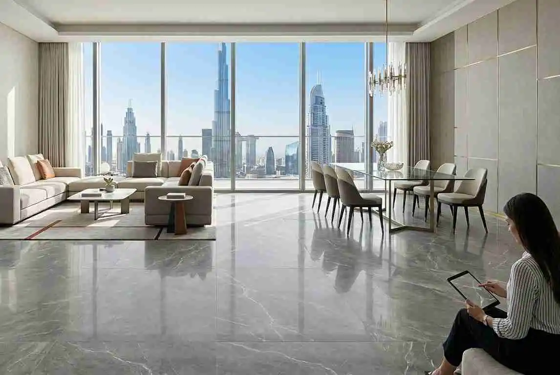 Large format porcelain tiles in a UAE interior